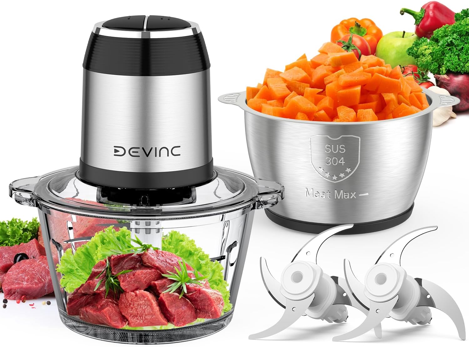Food Processors, Mini Meat Grinder & Veggie Chopper with 2 Bowls - Bellso